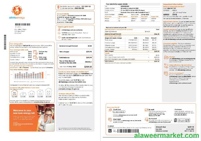 Australia Alinta Energy electricity utility bill template in Word and PDF format, 2 pages